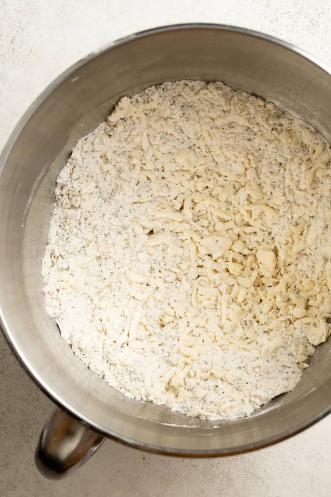 Dough for mozzarella sticks in a mizzing bowl.