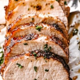 Completed and sliced garlic balsamic pork loin
