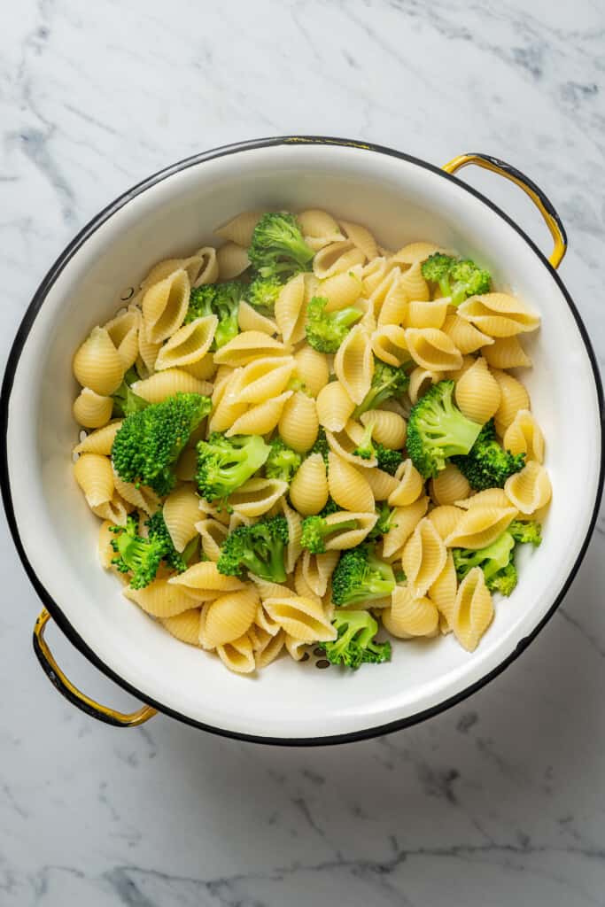 Pasta shells and broccoli in a colander