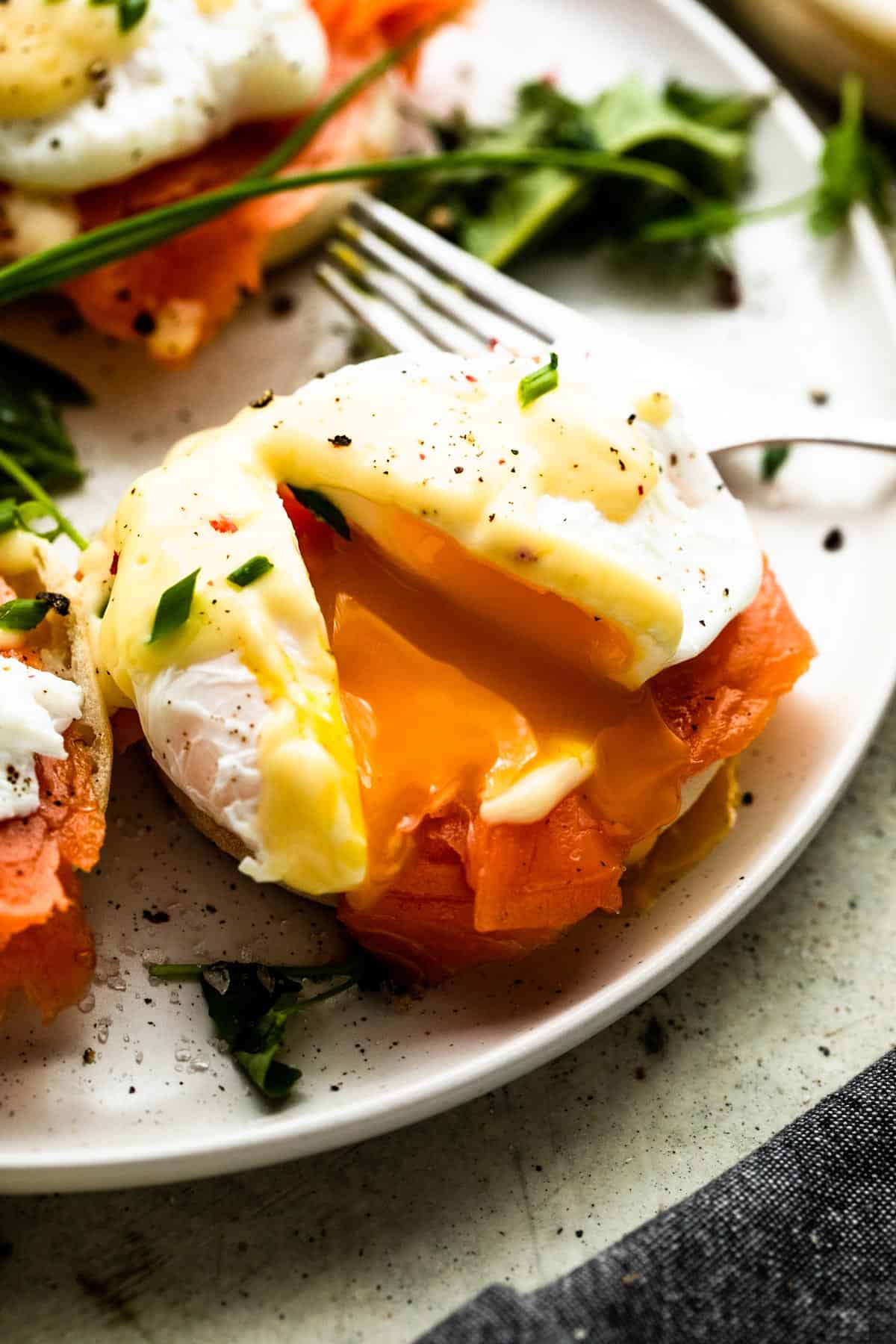 poached egg placed atop an English muffin and smoked salmon; the yolk is oozing out of the egg and onto the smoked salmon.