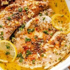 tilapia fillet topped with herbs and lemon slices