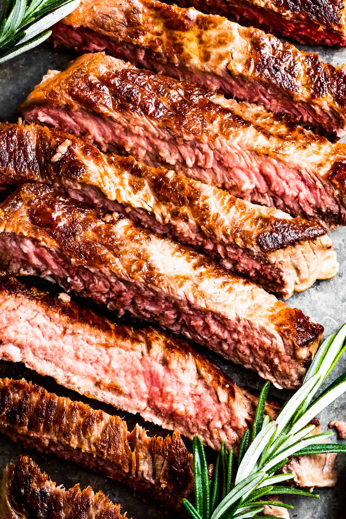 Closeup of sliced New York strip steak.