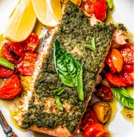 A dinner plate served with roasted cherry tomatoes and salmon.