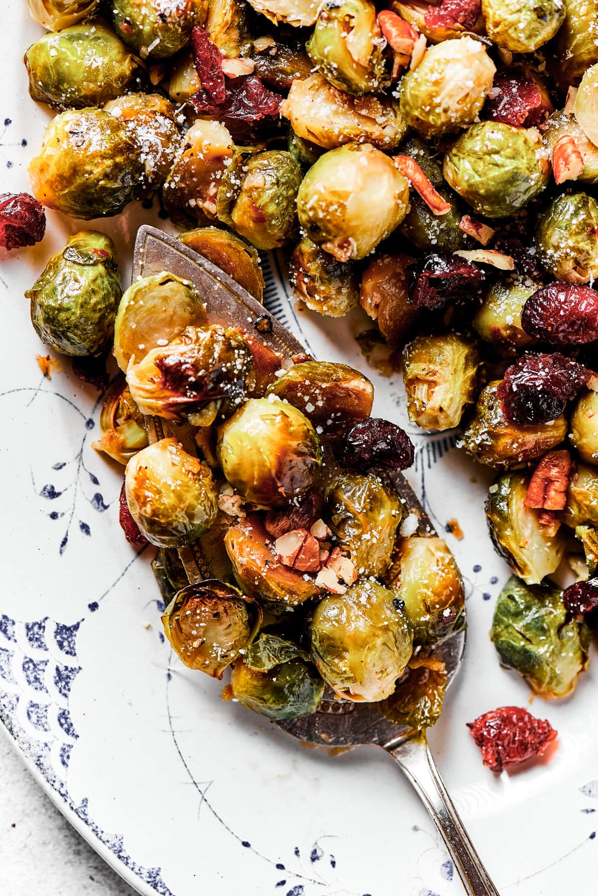 Roasted Brussels sprouts on a serving plate.