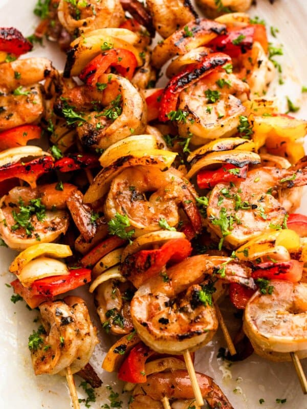 grilled shrimp, peppers, and onions, on skewers